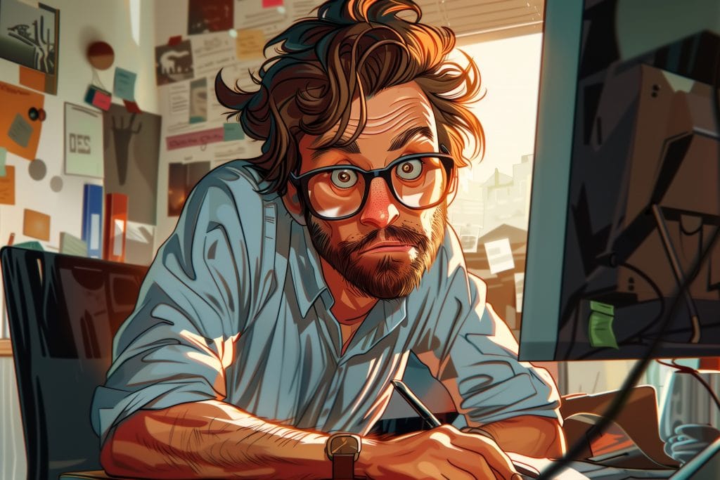 Illustration d’un graphiste concentré devant son écran, en pleine création graphique.