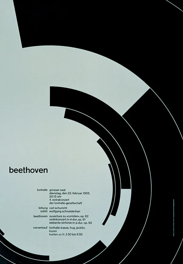 Affiche de la série "Musica Viva" créée par Josef Müller-Brockmann dans les années 1950 pour la Tonhalle de Zurich, avec motifs géométriques et composition abstraite.