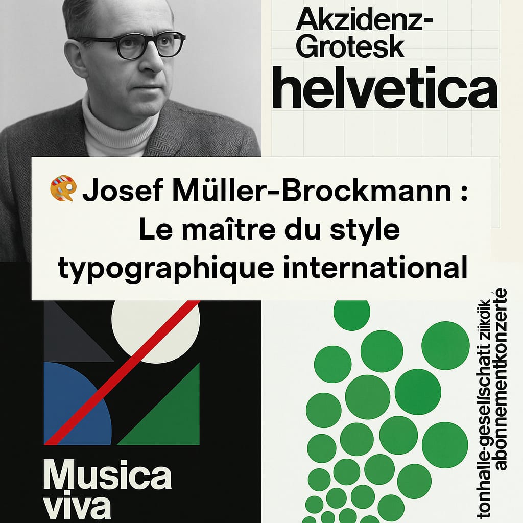 Josef Müller-Brockmann, designer suisse, aux côtés de ses créations emblématiques du style typographique international, connu sous le nom de Swiss Style.