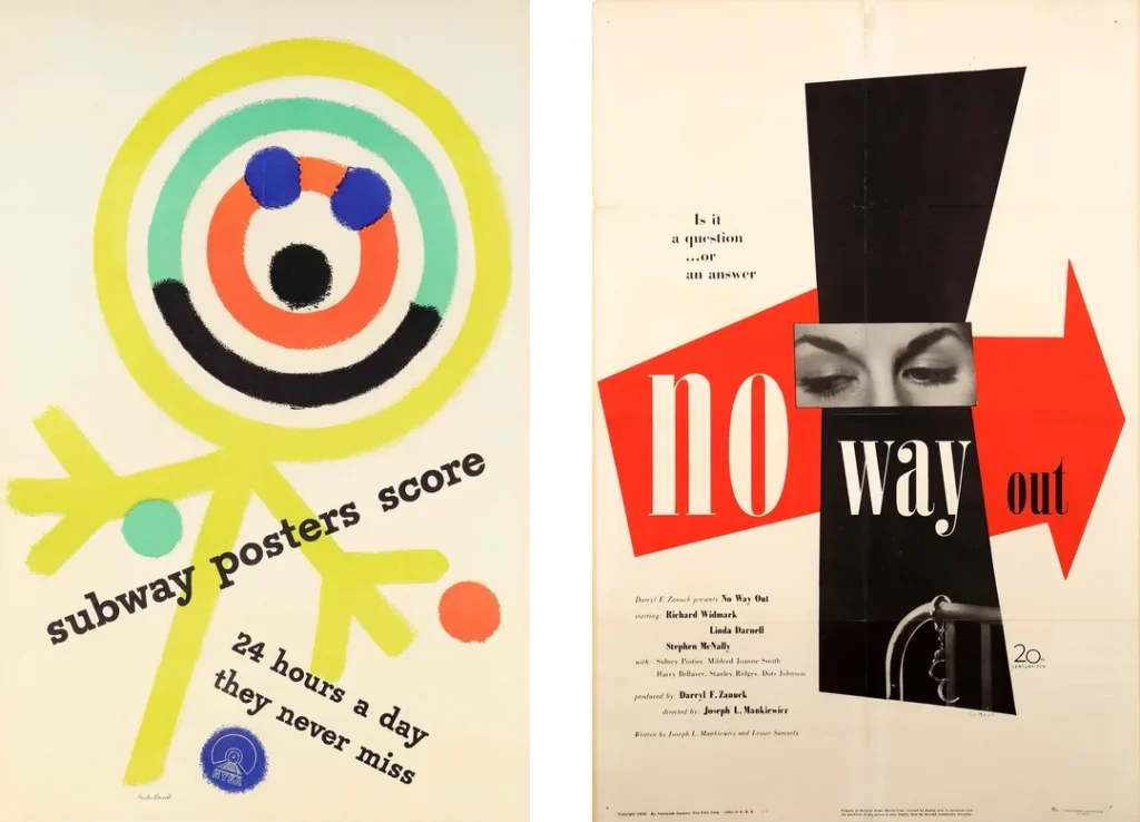 Deux affiches emblématiques réalisées par Paul Rand, célèbre designer graphique, représentant son style moderniste et conceptuel.