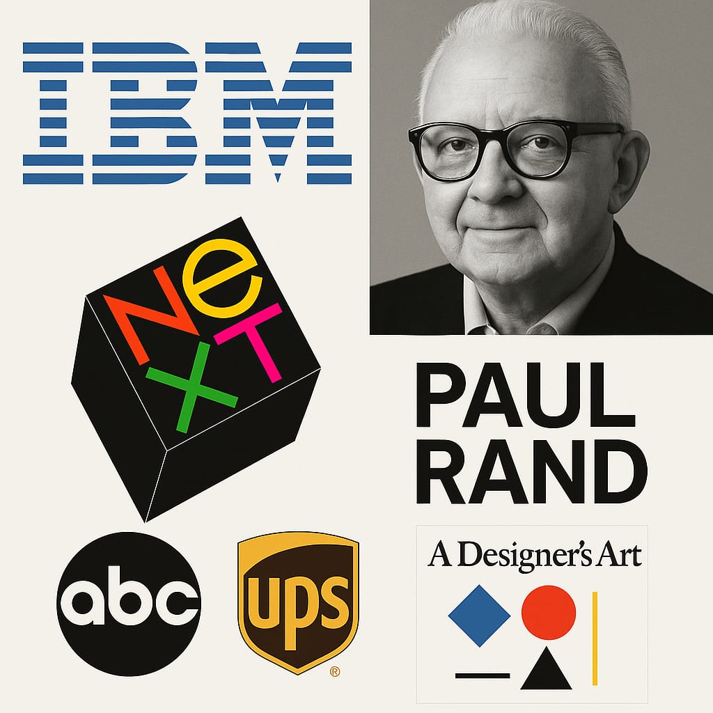 Portrait du designer Paul Rand entouré de ses logos iconiques : IBM, ABC, UPS, Westinghouse