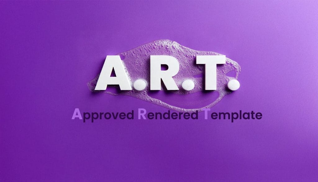 Illustration du mot ART en texture mousse avec l'acronyme "Approved Rendered Template", dénonçant la récupération de l'art par les directeurs artistiques.