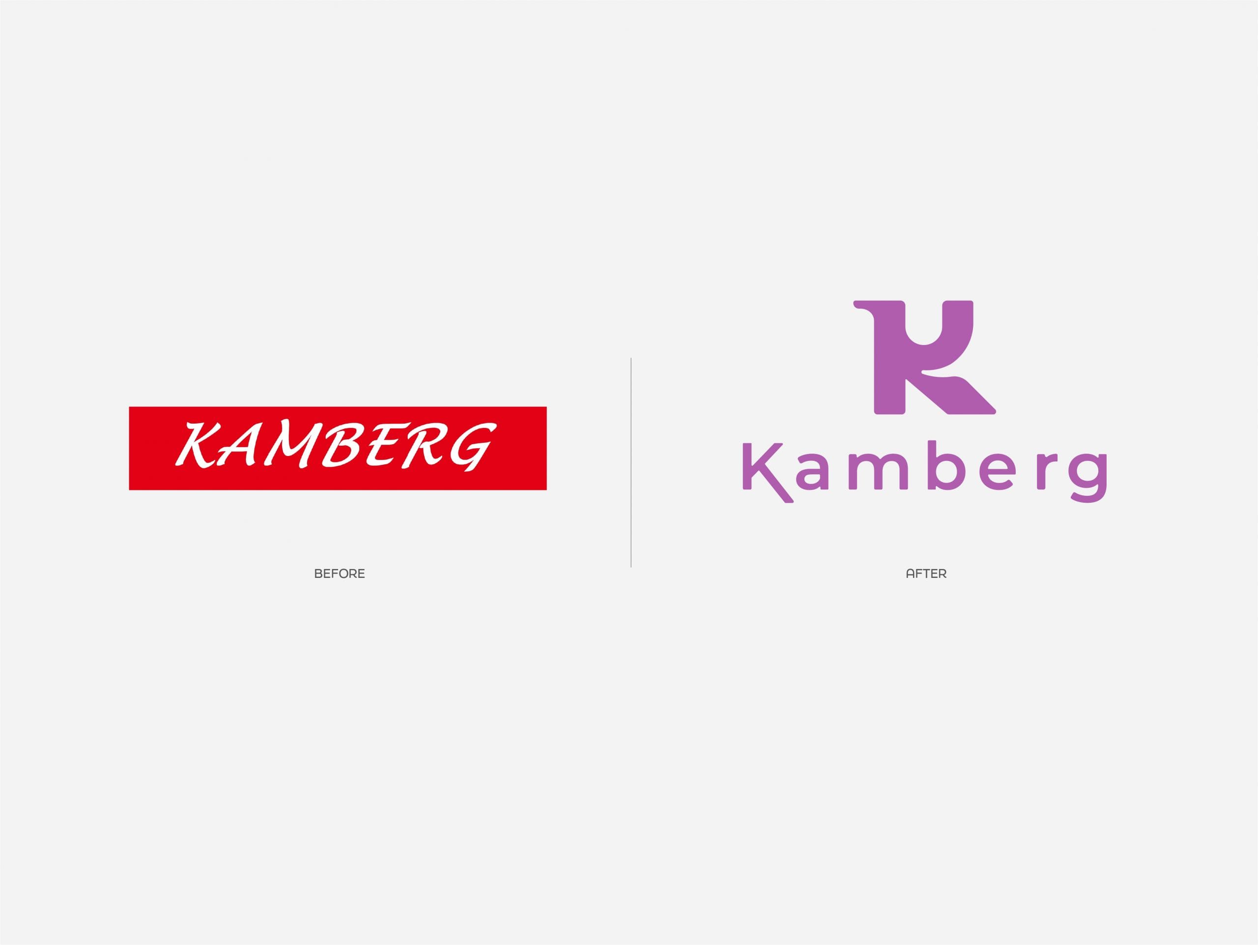 Comparaison avant/après du logo Kamberg, refonte d’identité visuelle par Damien Breton, directeur artistique.