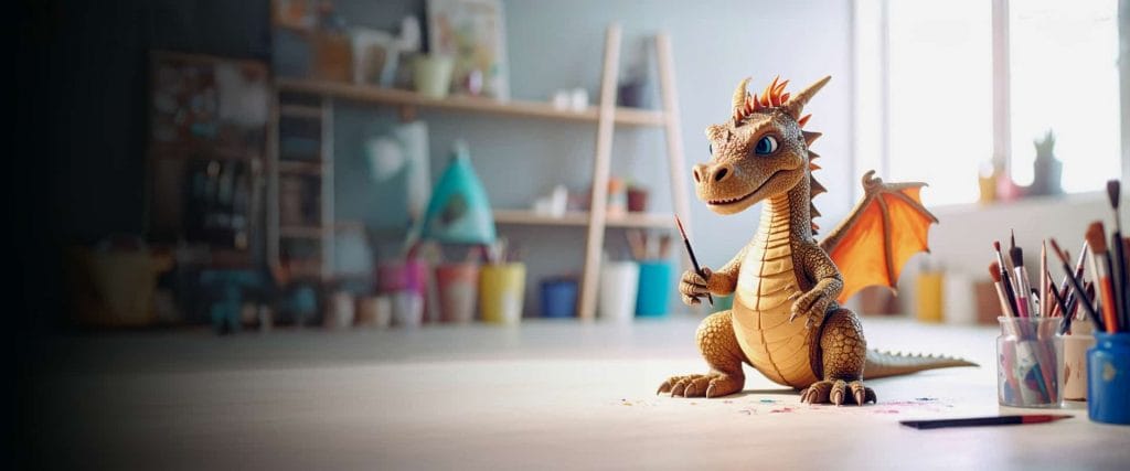 Dragon créatif en train de peindre sur une grande toile dans un atelier artistique