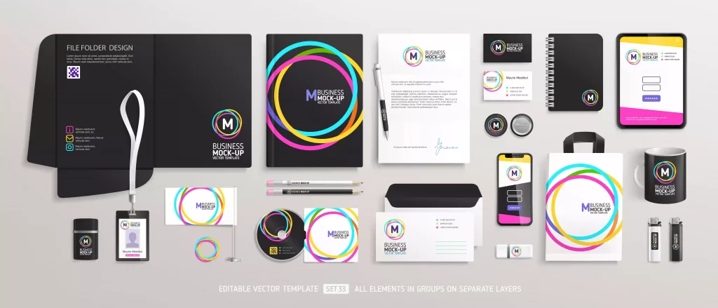 Planche de branding montrant un kit complet de papeterie et d’éléments graphiques cohérents utilisés pour déployer une charte graphique : cartes de visite, en-têtes de lettre, enveloppes, palettes de couleurs, typographies, et icônes.