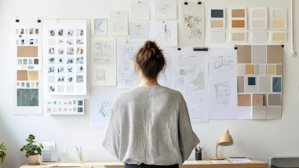 Directrice artistique debout devant un mur, préparant des planches tendances pour un projet créatif.