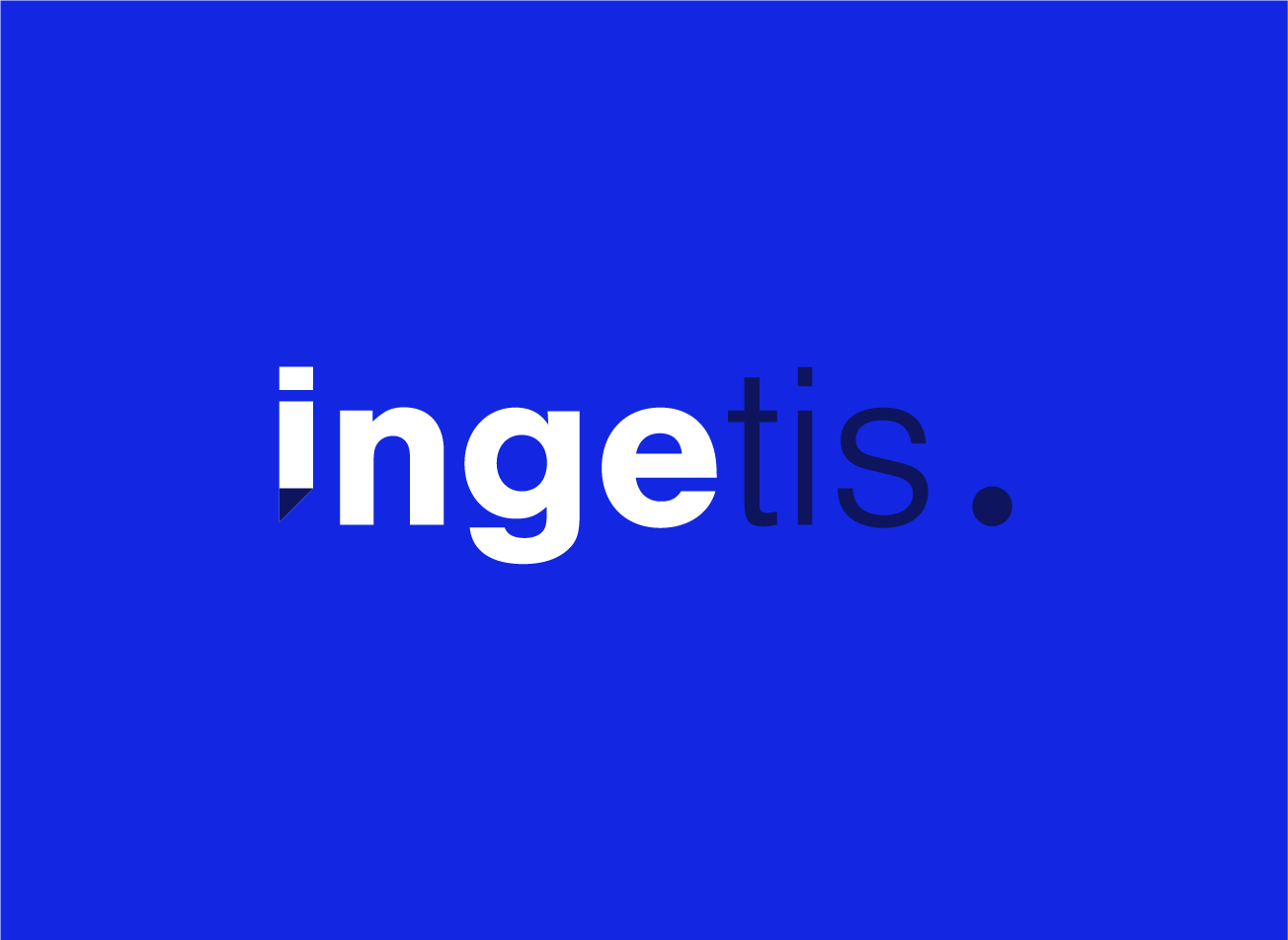 Logotype Ingetis blanc et bleu nuit sur fond bleu électrique, identité visuelle créée par Damien Breton.