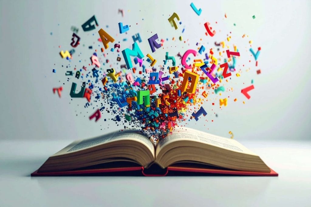 Livre ouvert avec des typographies, logos et symboles de design qui s’en échappent, illustrant la créativité en branding et identité visuelle