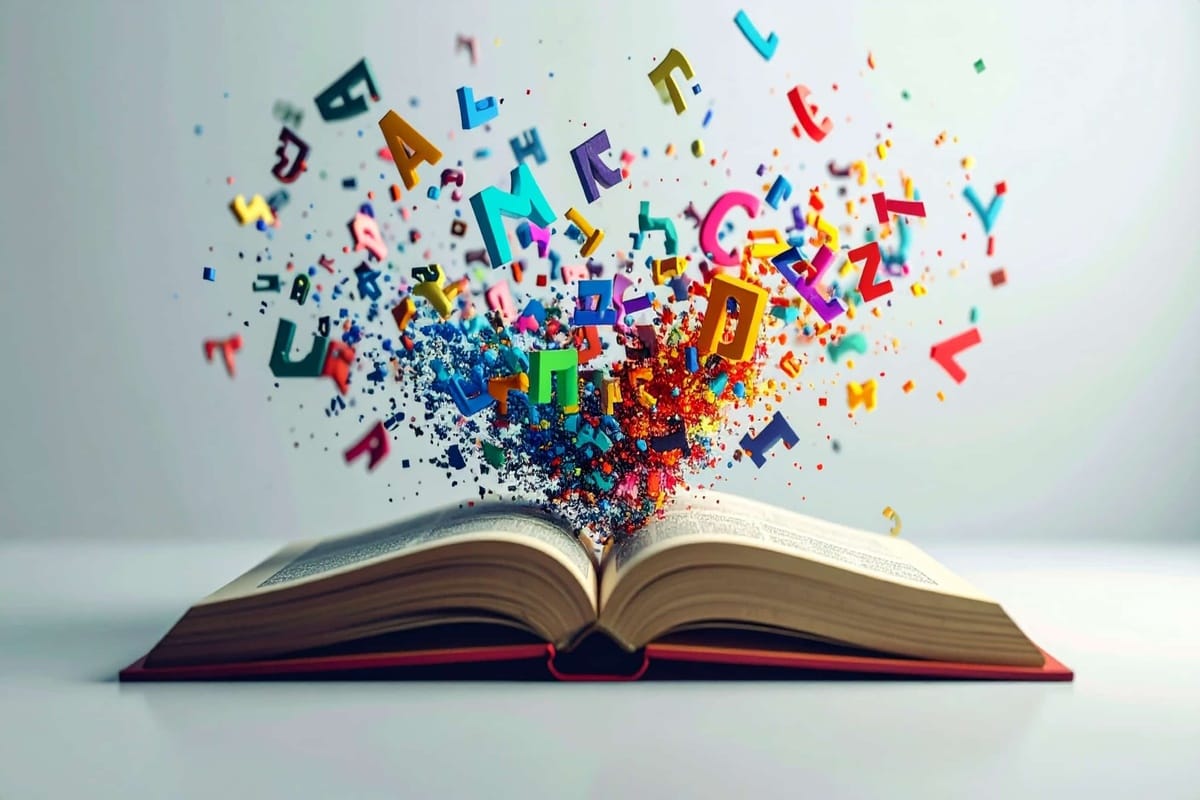 Livre ouvert avec des typographies, logos et symboles de design qui s’en échappent, illustrant la créativité en branding et identité visuelle