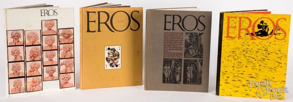 Lot de quatre couvertures du magazine Eros conçu par Herb Lubalin, explorant l’érotisme, la typographie et l’art éditorial