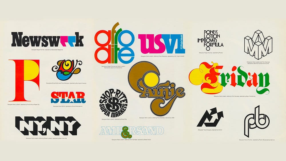 Planche de logos inspirée par Herb Lubalin, typographie expressive et design graphique moderne