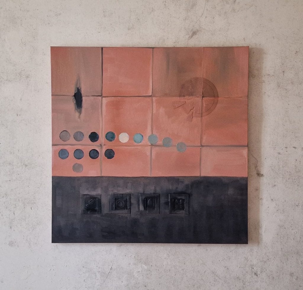 Peinture à l’huile Misanthropi V1, 1 m × 1 m, avec un tiers sombre et une partie claire évoquant le contraste entre isolement et lumière intérieure.