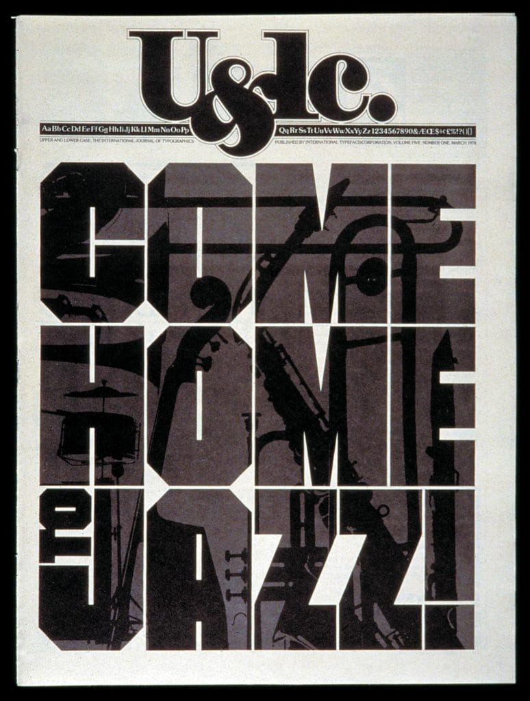 Couverture du magazine U&lc. avec le slogan Come Home to Jazz, design graphique et typographique signé Herb Lubalin