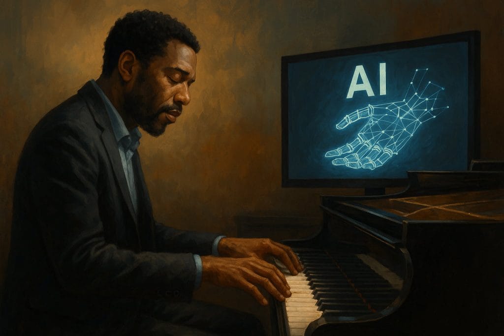 Musicien jouant du piano avec accompagnement IA