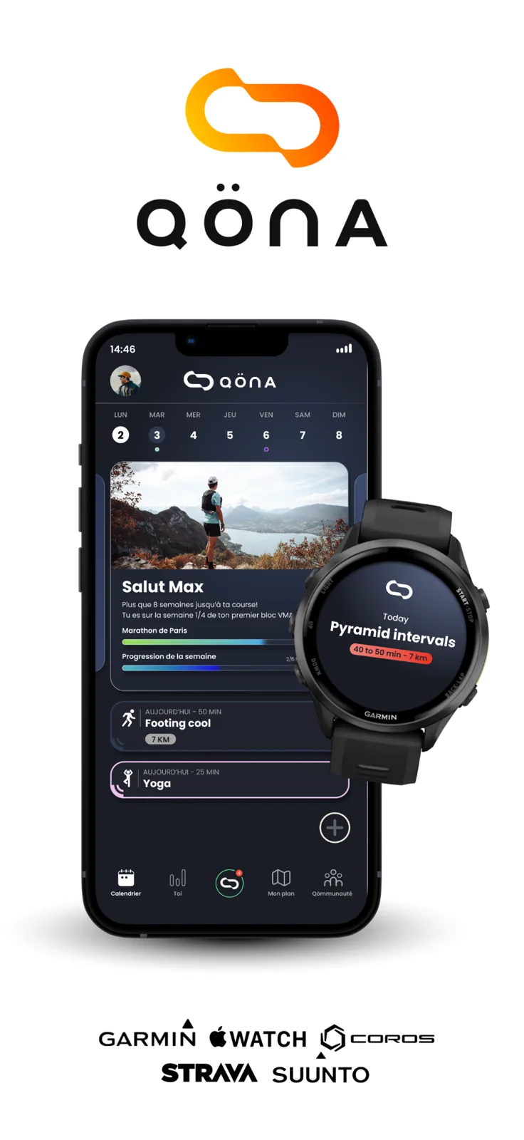 Interface de l’application Qona affichée sur smartphone et montre connectée, compatible avec Garmin, Apple Watch, Strava et Coros.