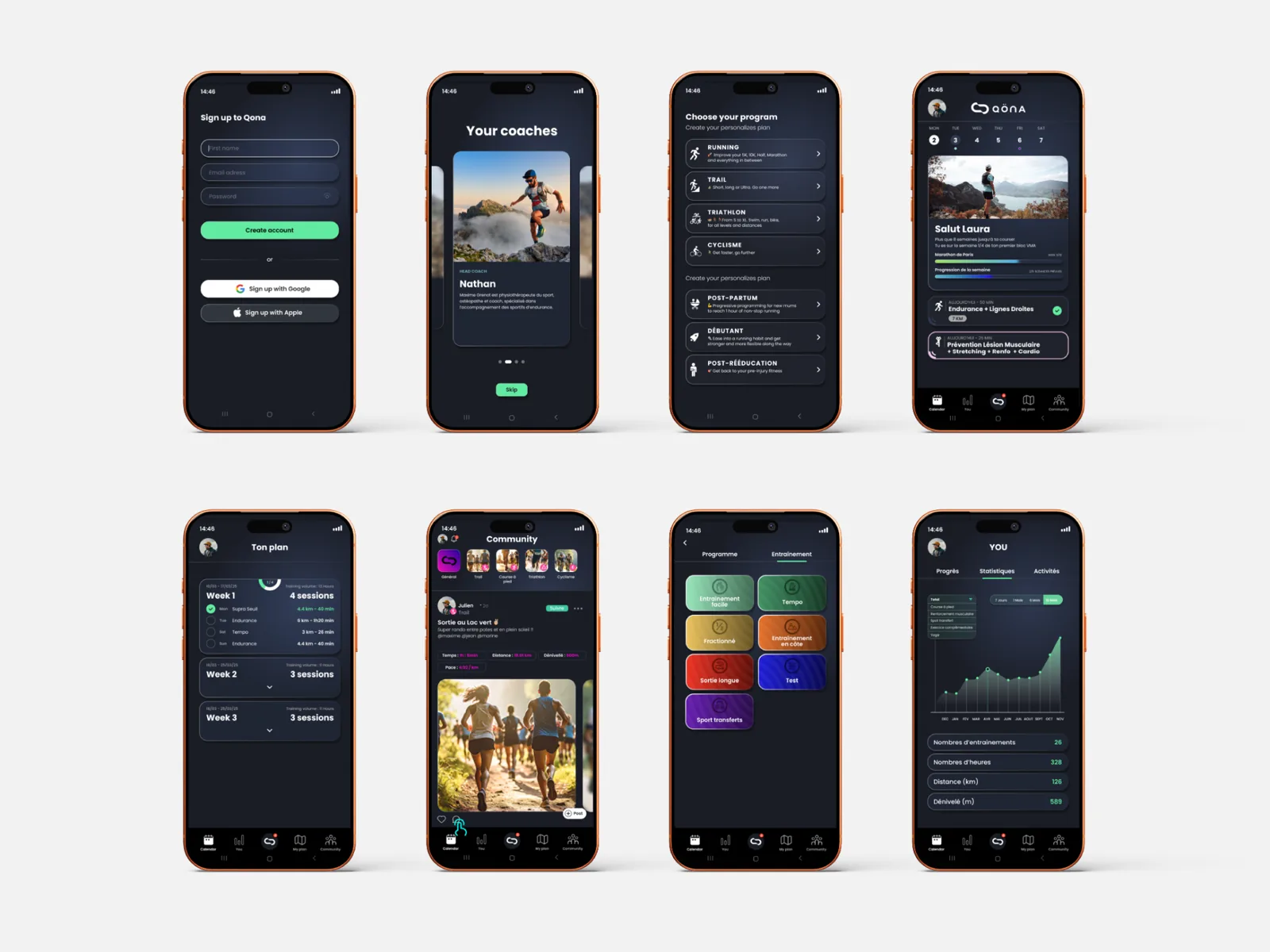 Interfaces de l’application Qona montrant l’onboarding, les programmes et le suivi d’entraînement sportif.