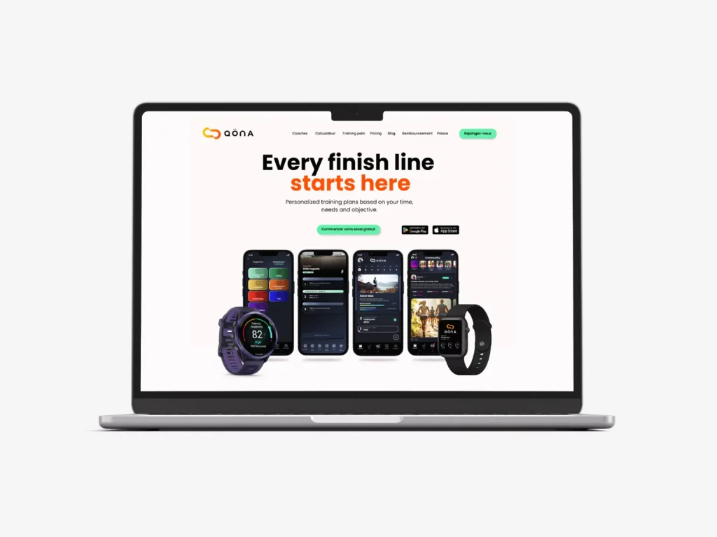 Landing page du site Qona présentant une application de sport dédiée au trail, à la course et au suivi de performance.