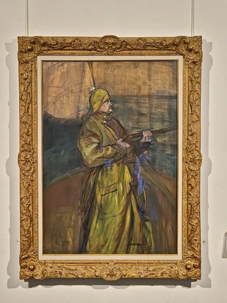 Chasseur tenant un fusil vu de profil, peint par Henri de Toulouse-Lautrec en 1892, figure masculine dans un paysage sobre.
