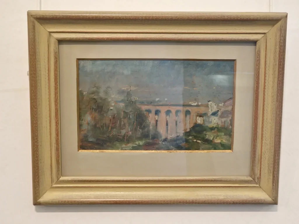 Paysage du viaduc du Castelviel à Albi peint par Henri de Toulouse-Lautrec en 1880, arches du pont se détachant dans une atmosphère brumeuse.