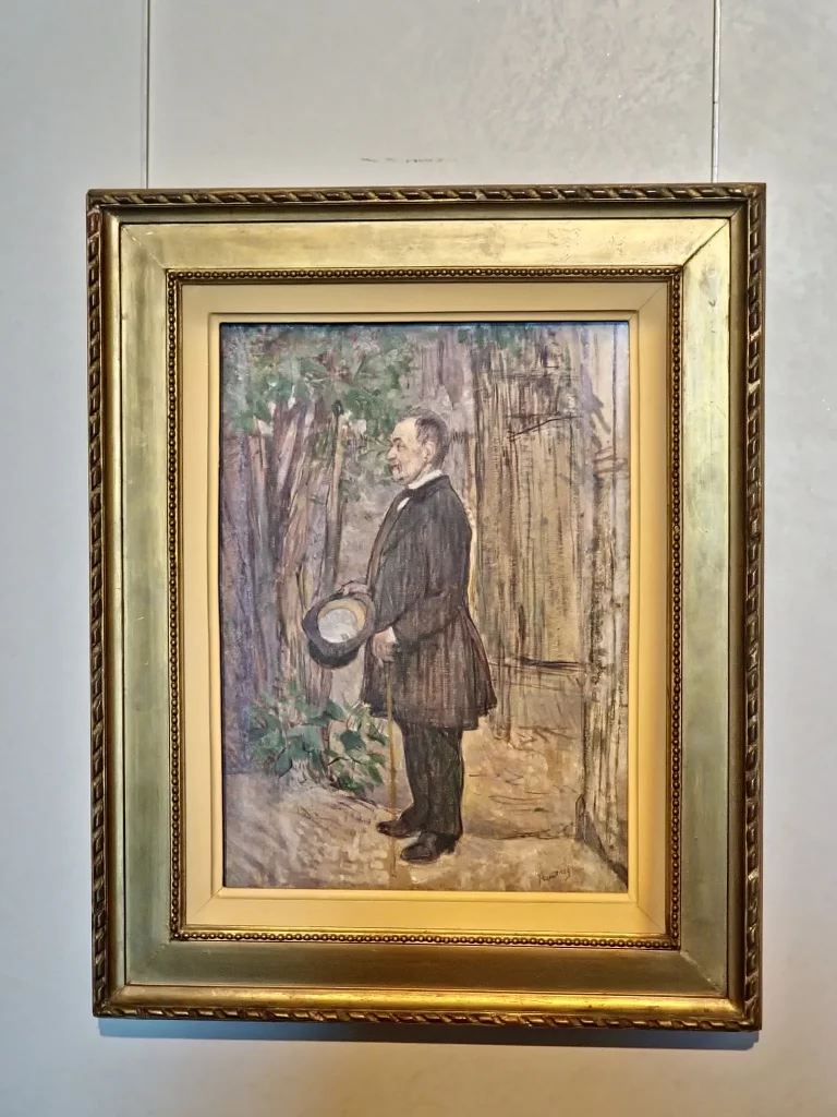 Portrait de Monsieur Henri Dihau peint par Henri de Toulouse-Lautrec en 1890, homme debout de profil tenant un chapeau dans un jardin.