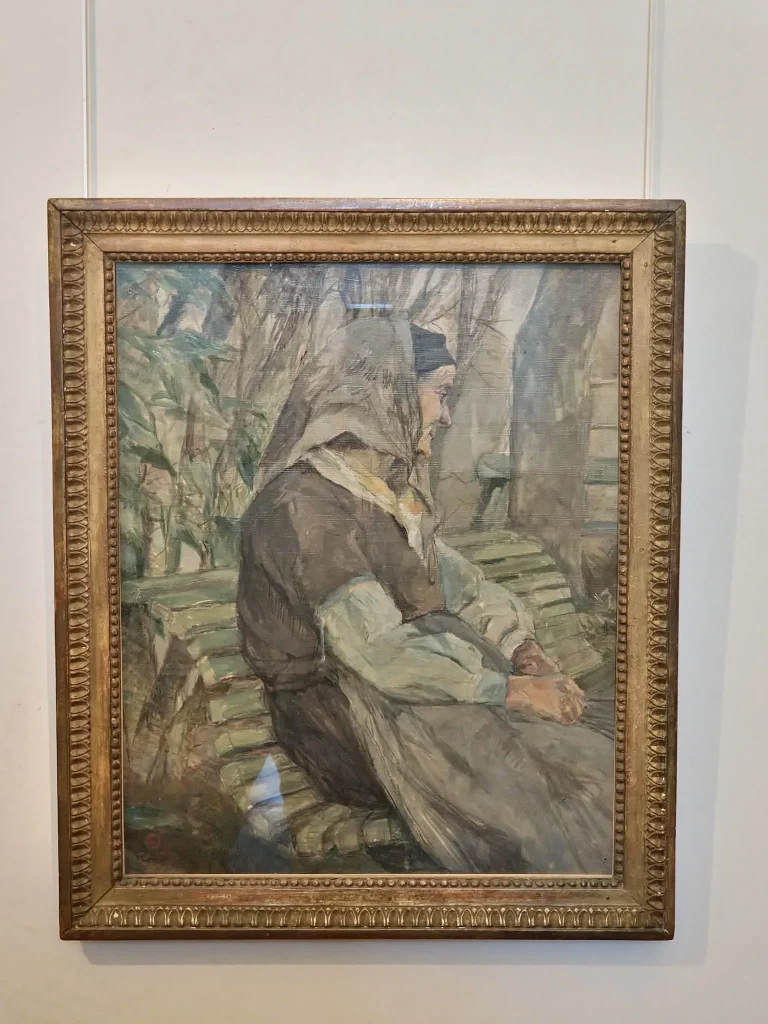 Vieille femme assise sur un banc à Céleyran, peinte par Henri de Toulouse-Lautrec en 1882, figure vue de profil dans un environnement rural.