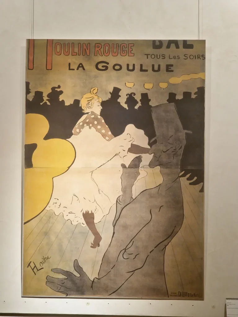 Affiche du Moulin Rouge La Goulue réalisée par Henri de Toulouse-Lautrec en 1891, danseuse de cancan en mouvement devant un public stylisé.