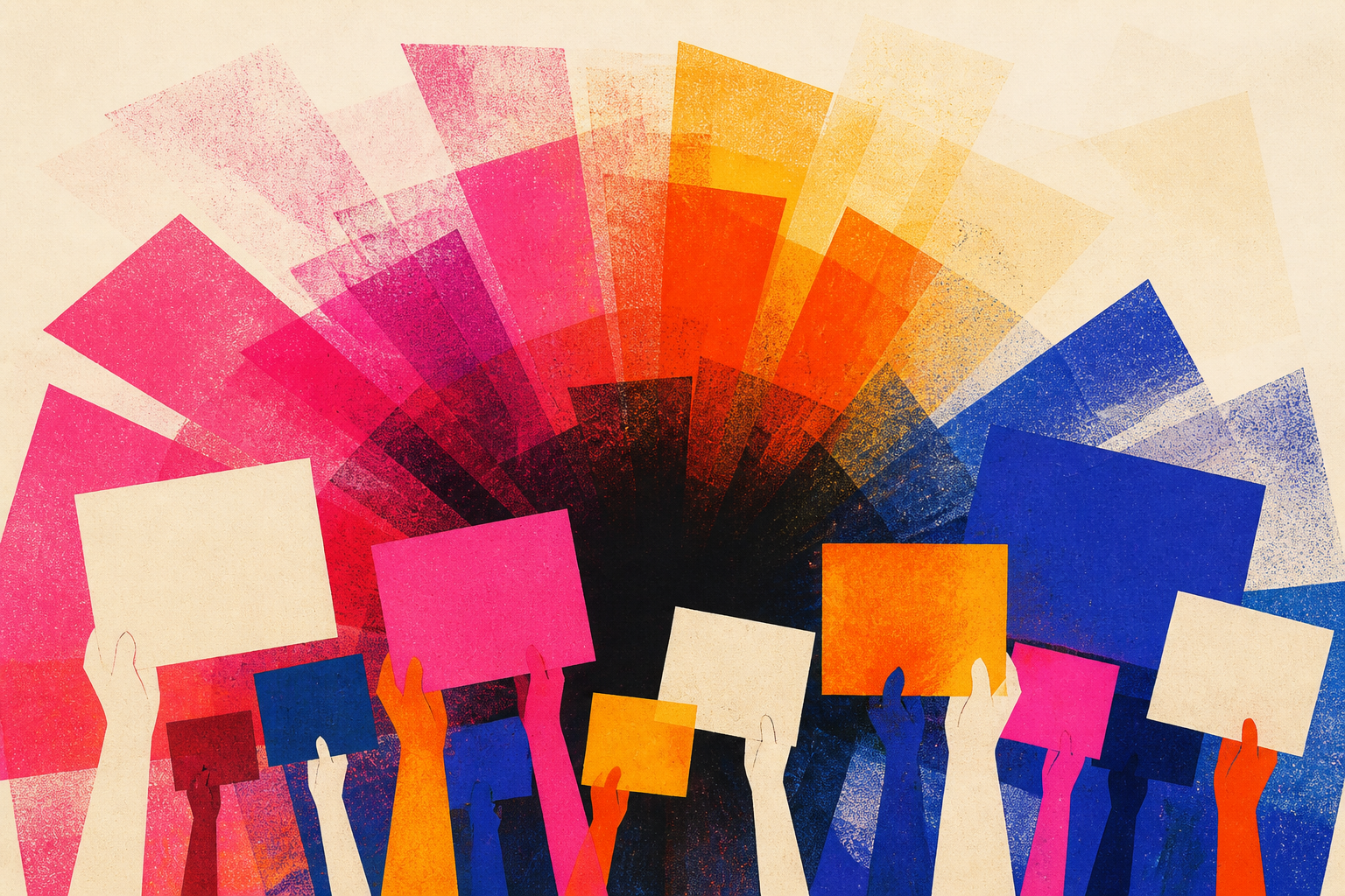 Illustration de silhouettes levant des pancartes vierges devant un éventail de couleurs sérigraphiées rose, orange et bleu.