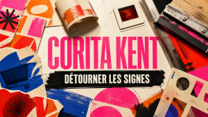 Composition éditoriale originale autour de la sérigraphie : fragments imprimés colorés, cadre de diapositive et raclette, avec le titre Corita Kent.