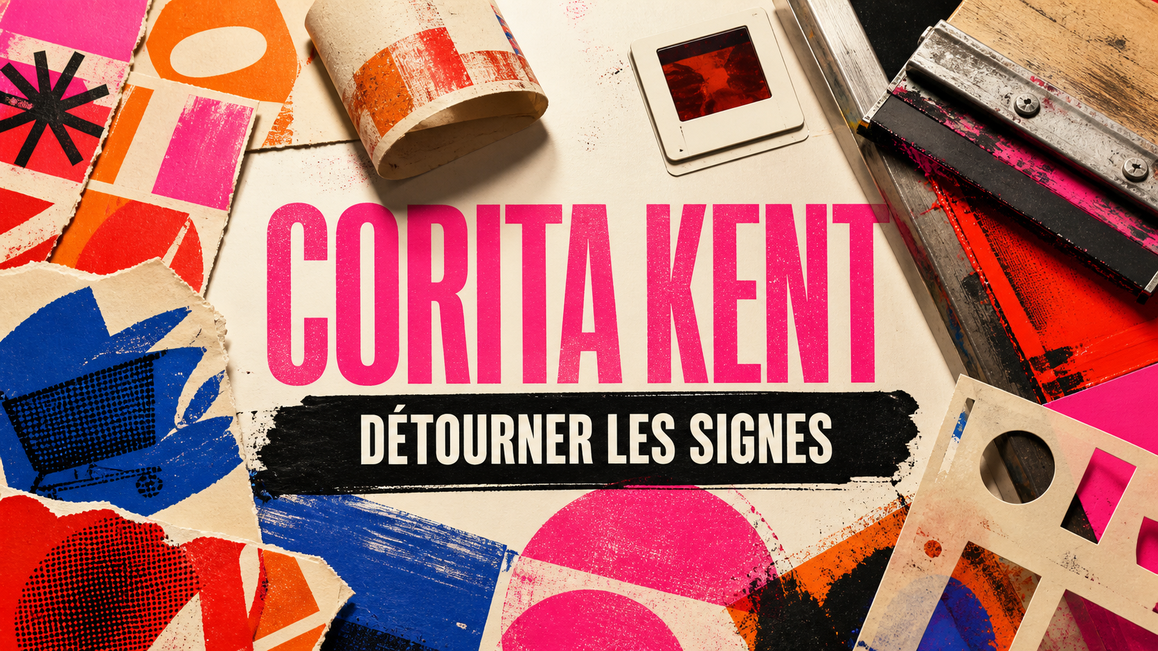 Composition éditoriale originale autour de la sérigraphie : fragments imprimés colorés, cadre de diapositive et raclette, avec le titre Corita Kent.
