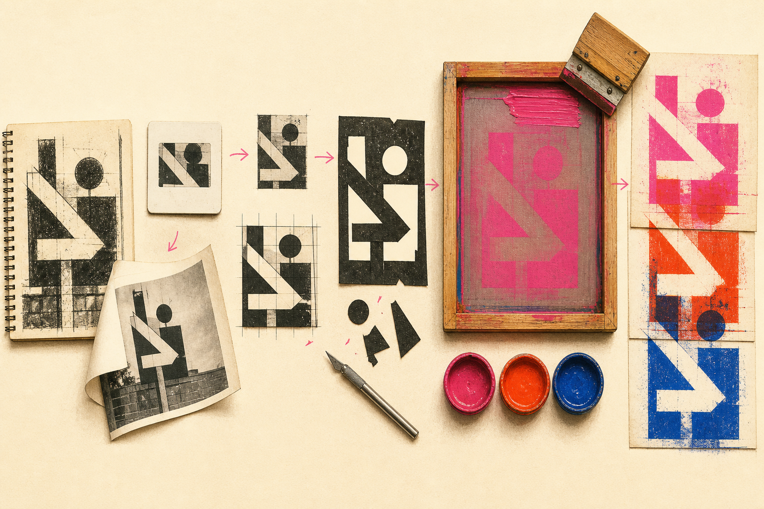 Illustration montrant les étapes d’un processus de sérigraphie : cadrage, découpe de formes, pochoir, écran et superposition d’encres colorées.