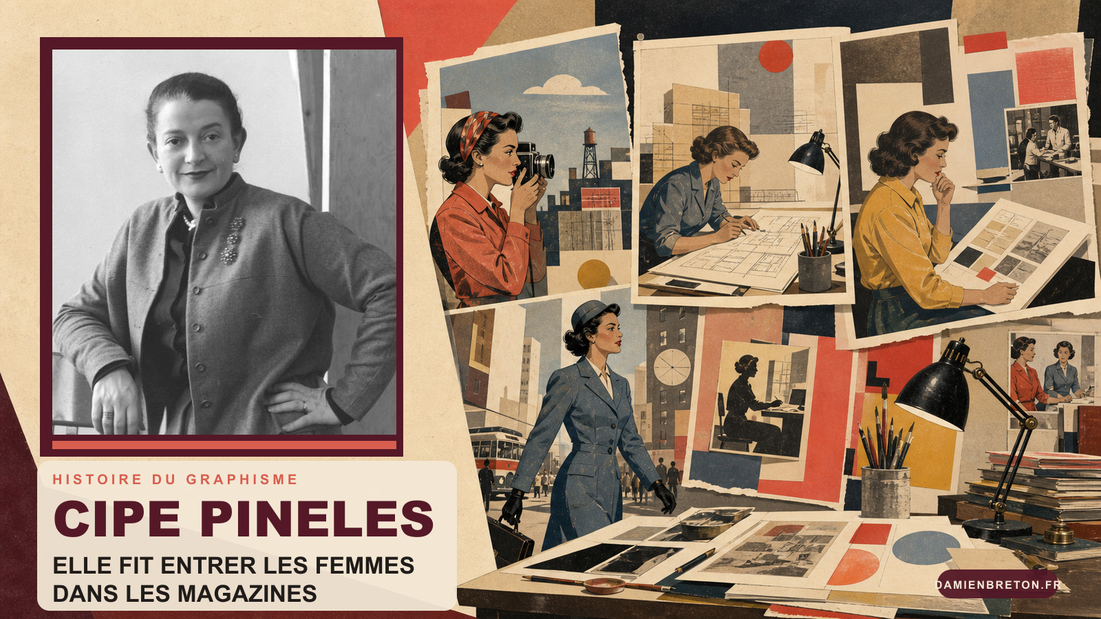 Portrait de Cipe Pineles entouré d’une composition éditoriale montrant des femmes photographes, architectes et éditrices au travail