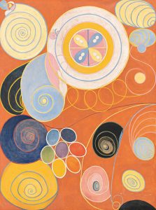 Hilma af Klint, Les Dix Plus Grands n° 3, Jeunesse, 1907 : formes organiques et signes sur fond orange
