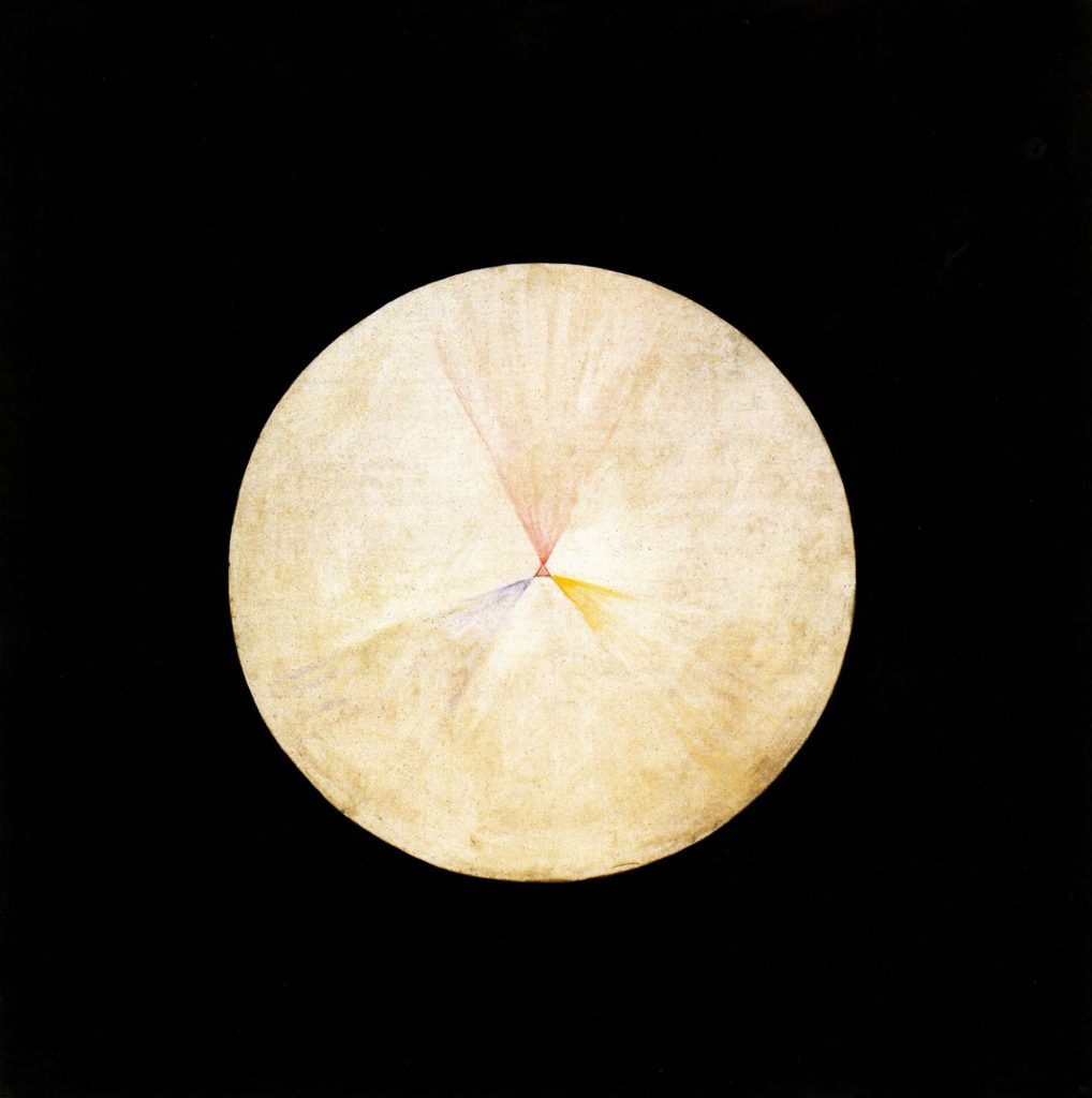 Hilma af Klint, Le Cygne n° 14, 1914-1915 : disque blanc central entouré de noir dans un carré bicolore