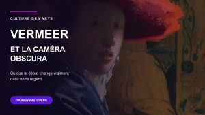 Détail de La Jeune Fille au chapeau rouge de Vermeer avec le titre Vermeer et la caméra obscura