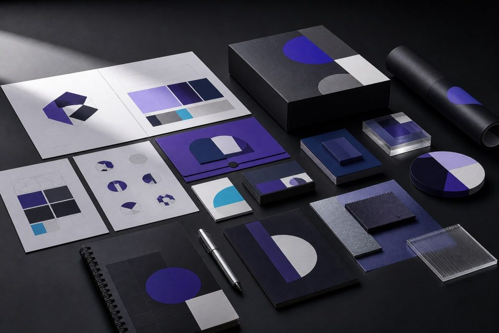 Système d’identité visuelle complet avec logo, couleurs, typographies et supports de marque