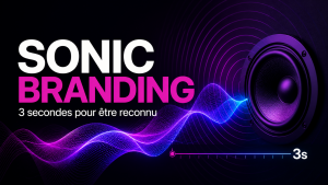 Sonic branding : onde sonore violette et haut-parleur illustrant une signature de marque en trois secondes