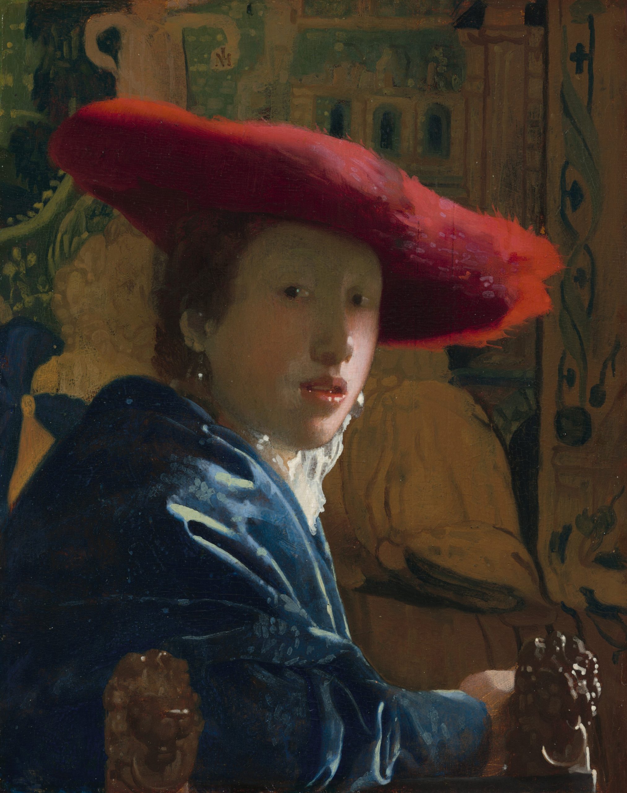 Jeune fille au grand chapeau rouge et à la robe bleue devant une tapisserie par Johannes Vermeer