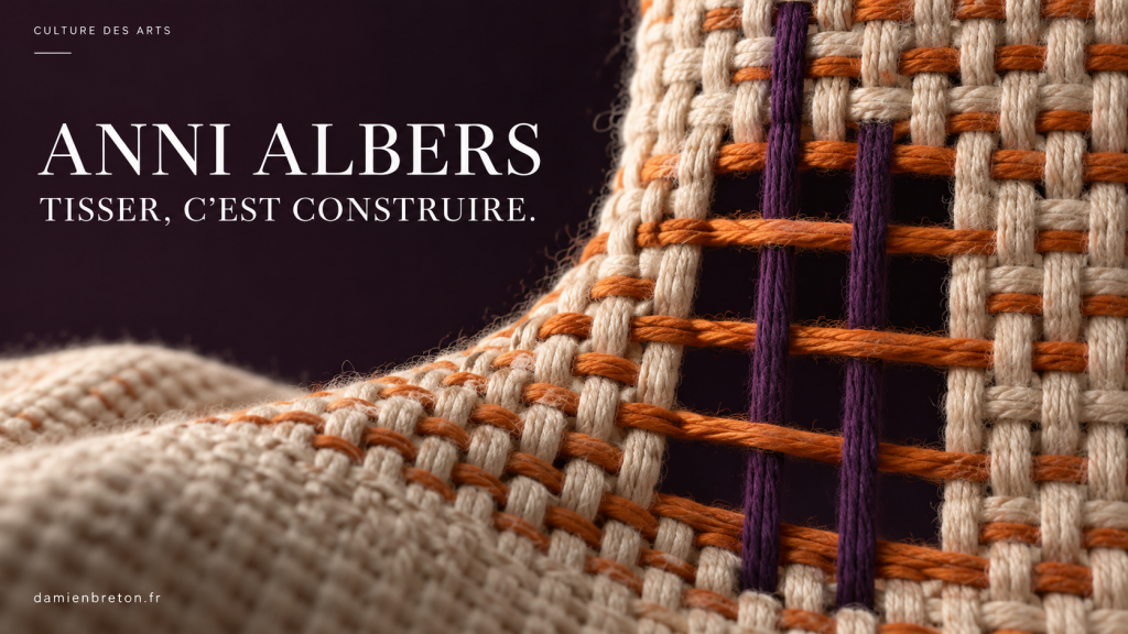 Illustration éditoriale originale : fils écrus, violets et orange, titre Anni Albers — Tisser, c’est construire