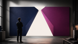 Deux volumes architecturaux violets dessinent une flèche lumineuse dans l’espace négatif tandis qu’une personne observe la composition