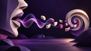 Composition éditoriale originale montrant une bouche, une onde sonore et une spirale de mémoire pour illustrer le test oral d’un nom de marque.