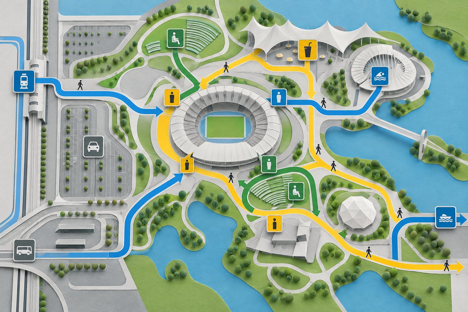 Maquette éditoriale originale d’un grand site public organisé par des parcours bleus, verts et jaunes et des points d’information