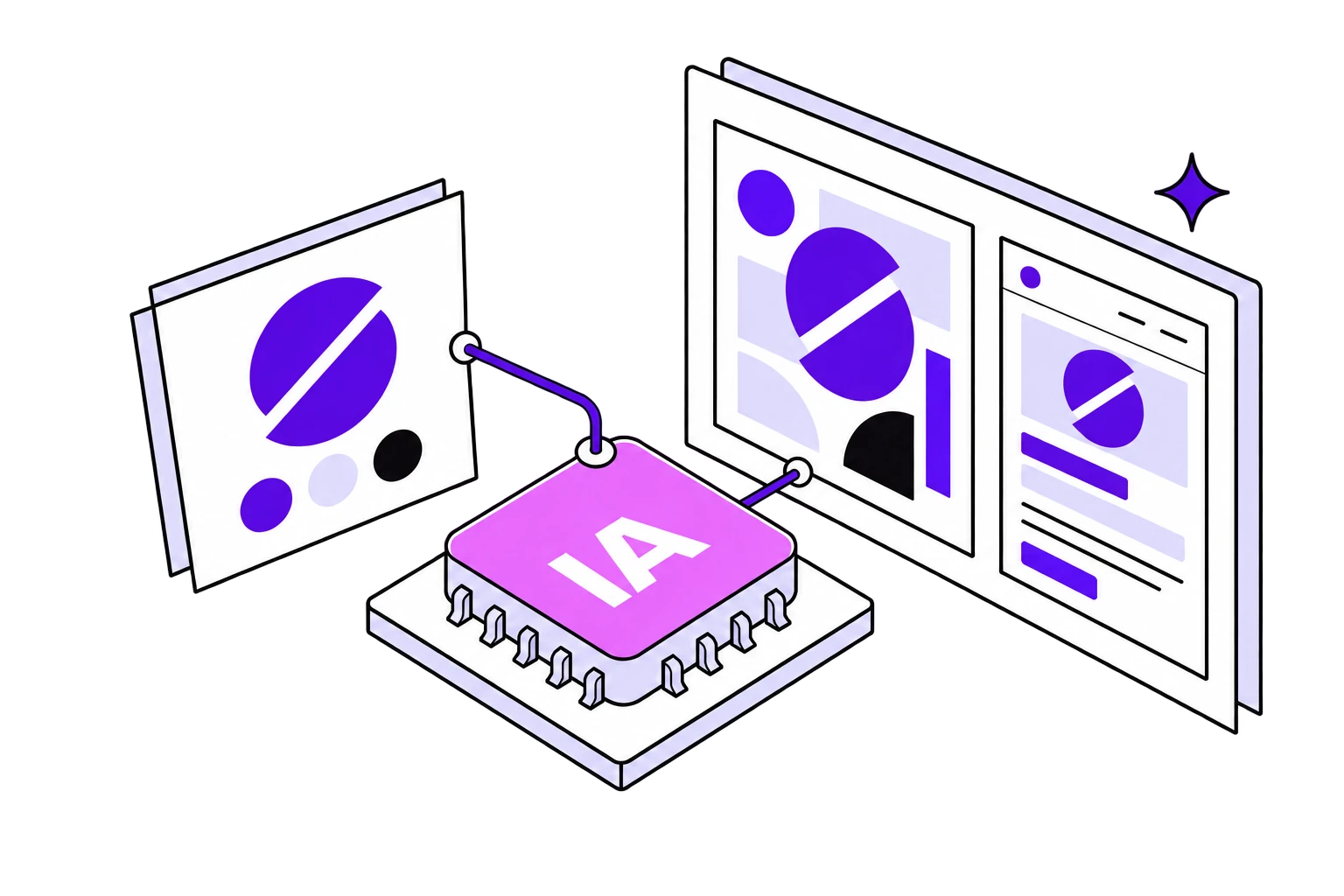 Puce IA rose reliée à une charte graphique et à des supports digitaux violets.