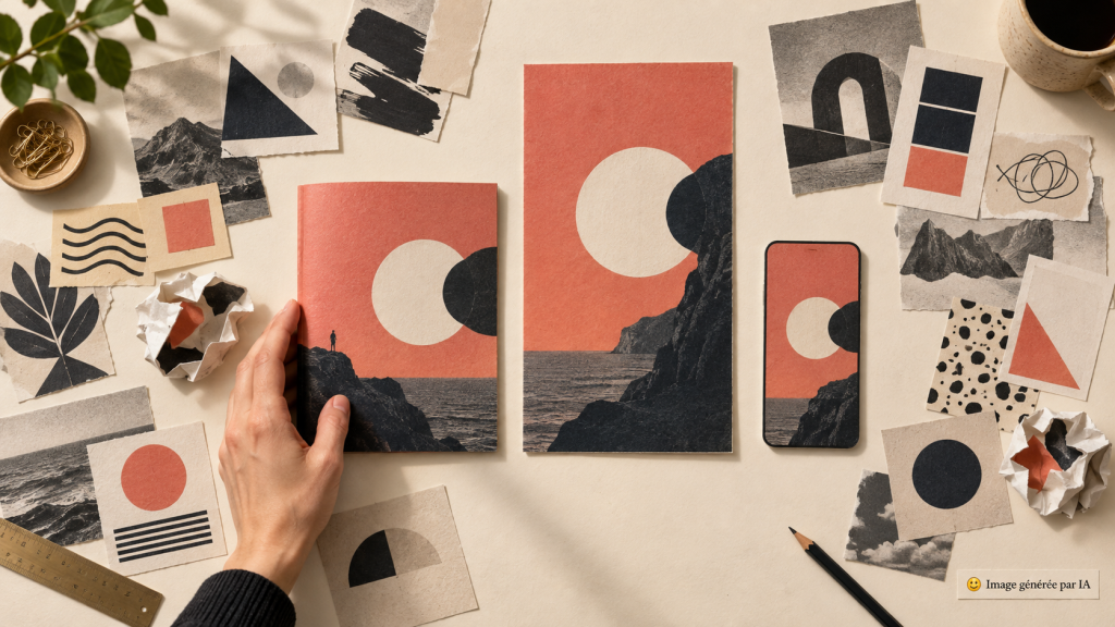 Une main sélectionne une famille de supports graphiques cohérents — illustration fictive générée par IA.
