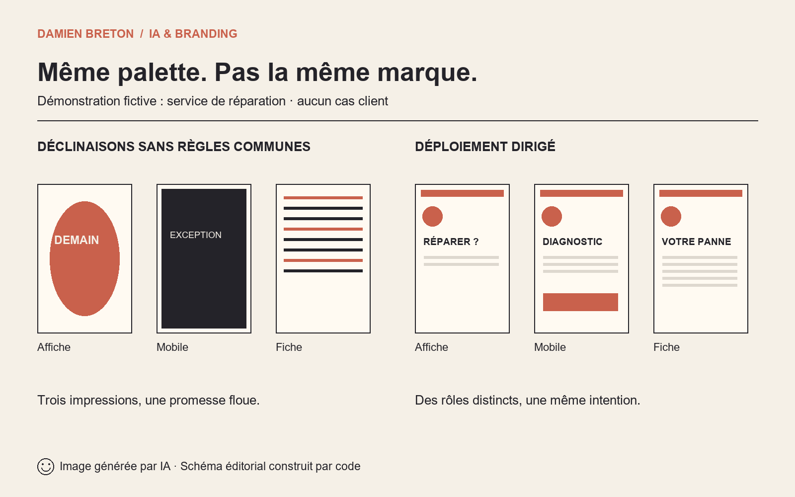Comparaison fictive : trois supports de même palette mais de compositions disparates, puis trois supports partageant un titre, une grille et un repère communs.