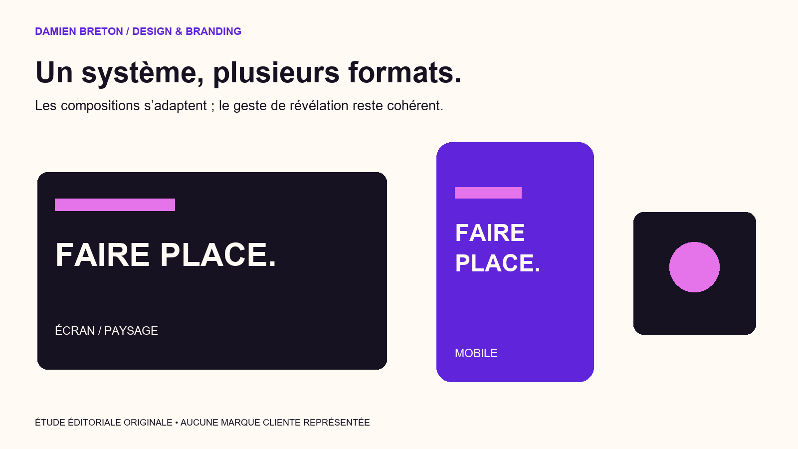 Déclinaison originale d’un même univers graphique sur un écran horizontal, un écran vertical et un petit carré.