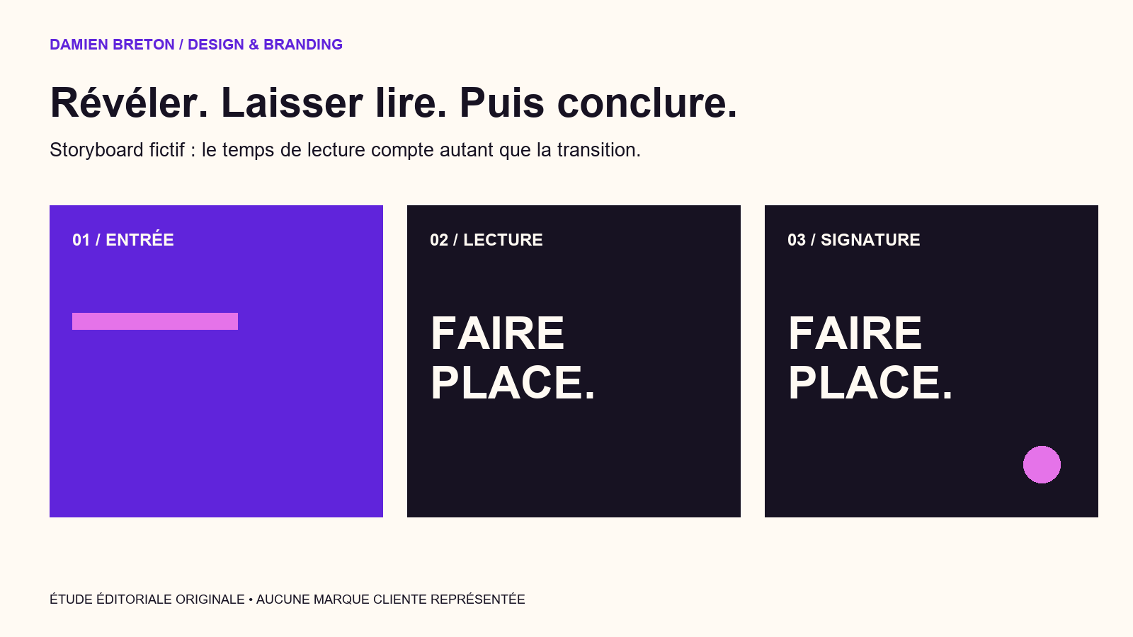 Storyboard fictif en trois temps : entrée graphique, lecture du message Faire place, puis apparition d’une signature.